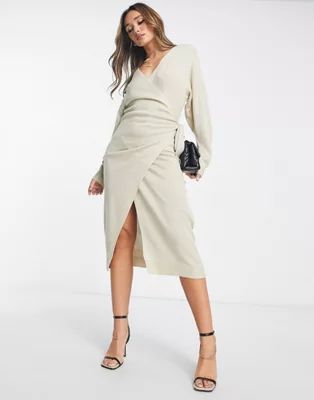 Pretty Lavish Beau wrap knit dress with tie waist in beige | ASOS (Global)