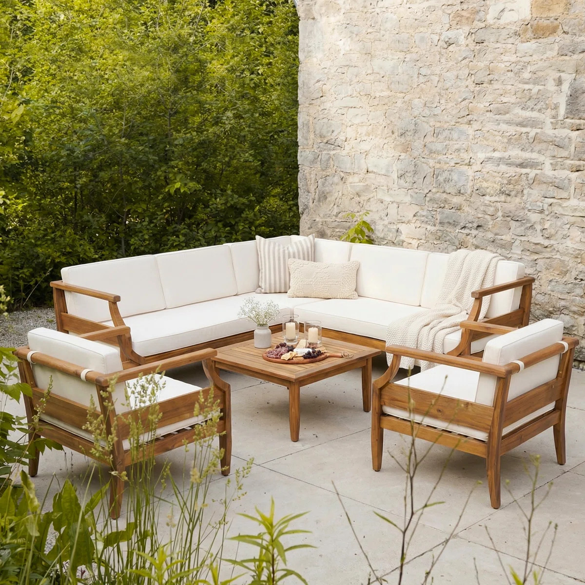Mcclurg Mid-Century Modern Acacia Wood Outdoor Conversation Set With Sectional, Club Chairs | Wayfair North America