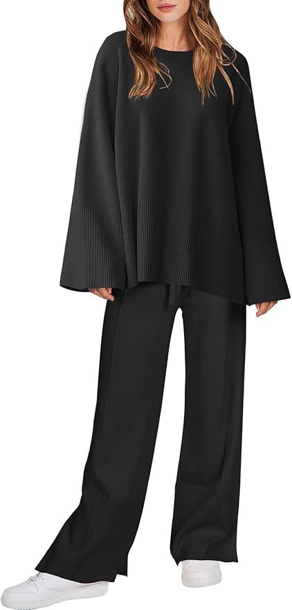 ANRABESS Women 2 Piece Outfits Sweatsuit Oversized Knit Pullover and Drawstring Wide Leg Pants Sw... | Amazon (US)