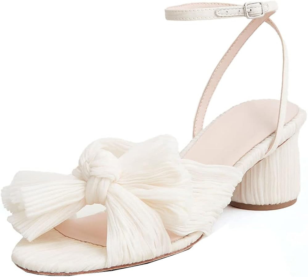 VIMISAOI Womens High Block Chunky Heel Sandals Fashion Open Toe Ankle Buckle Strap Pleated Bow He... | Amazon (US)