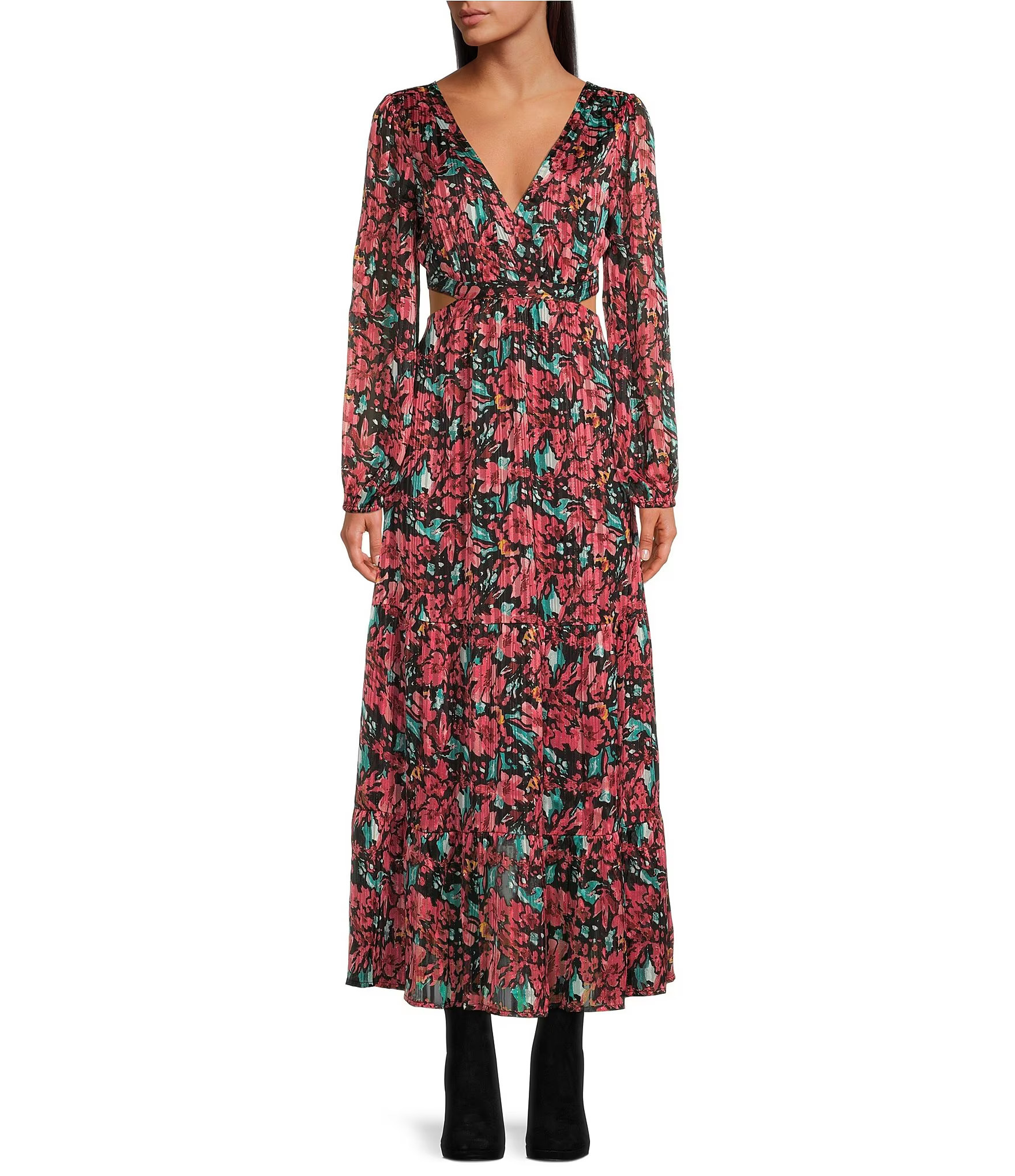 Floral Print V-Neck Long Sleeve Lace-Up Back Cut-Out Woven Maxi Dress | Dillard's