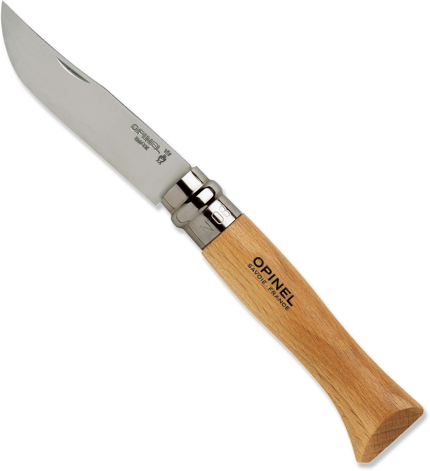 Opinel No. 08 Stainless Steel Folding Knife, beechwood pocket knife made in France
