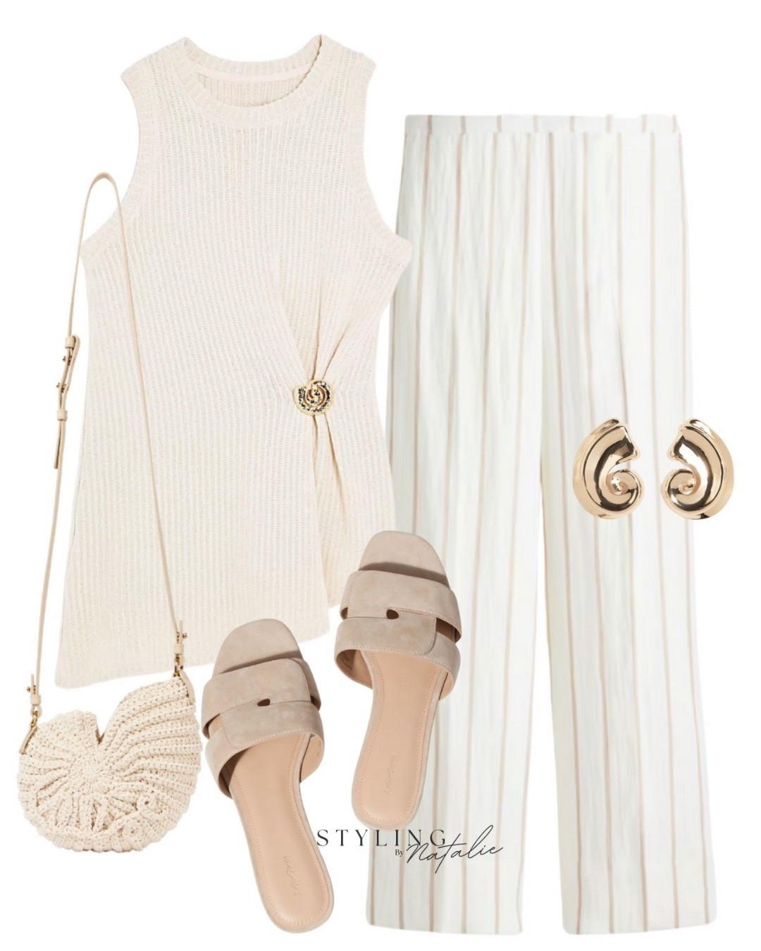 Neutral summer look 🐚 
Stripe pull on trousers, textured cream top with seashell, beige slides, crochet seashell bag and gold earrings. 

#LTKeurope #LTKsummer #LTKuk