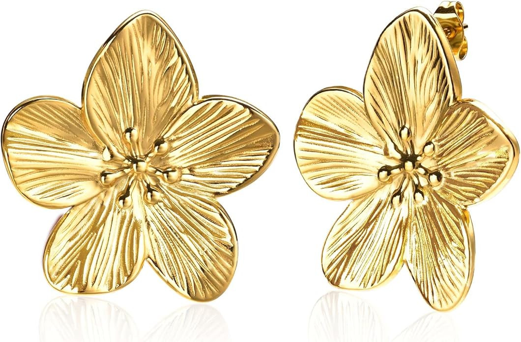 Women's Gold Studs Earrings - 14K Gold Plated Personality Big Studs Earring,Stainless Steel Hypoa... | Amazon (US)