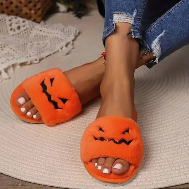 Halloween Pumpkin Slippers, Halloween Slipper, Comfortable Fluffy Slippers, Fluffy House Slippers... | Etsy (US)