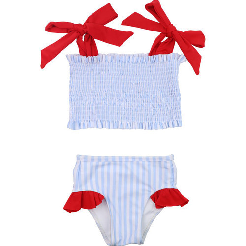 Red And Blue Striped Ruched Lycra Bikini | Cecil and Lou