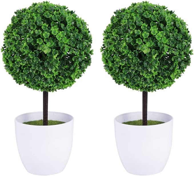 Wakauto Set of 2 Small Realistic Artificial Boxwood Topiary Trees/Faux Tabletop Plants White Cera... | Amazon (US)