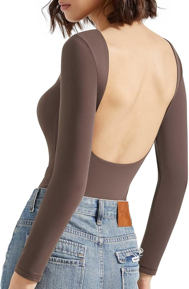 SUUKSESS Women Backless Y2k Long Sleeve Bodysuit Double Lined Open Back Sexy Basic Top | Amazon (US)