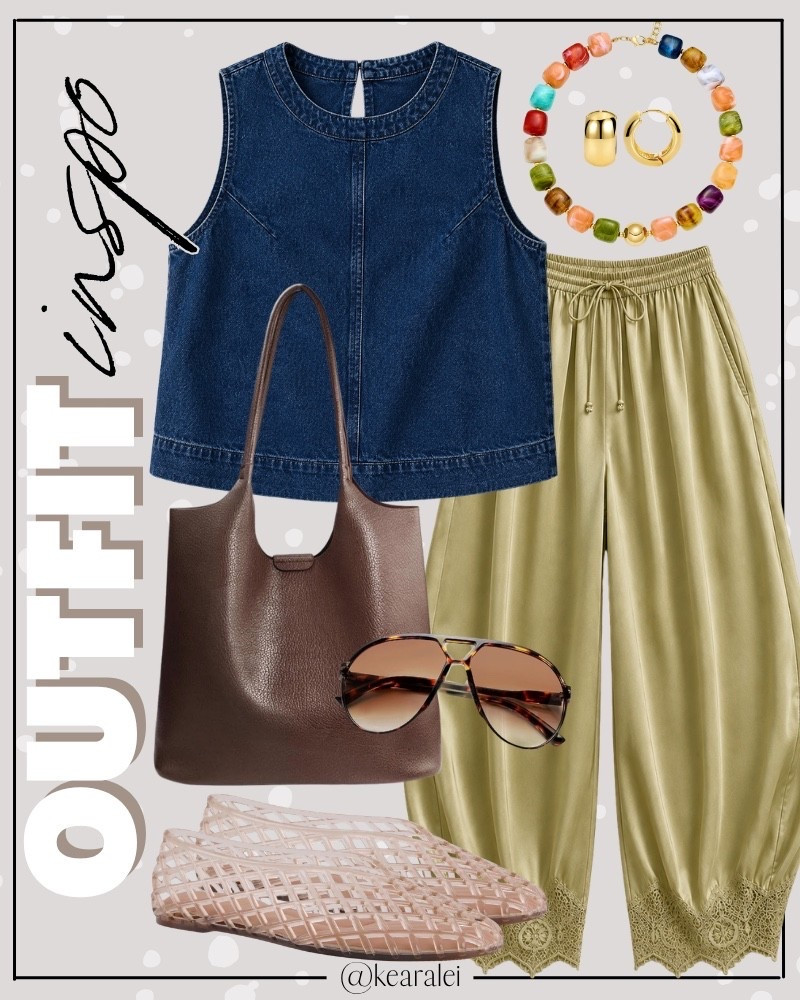 Summer outfits to fall outfit transition back to school teacher outfits date night outfits beach vacation outfits Amazon fashion denim dark wash sleeveless top tank top swing top shirt blouse jean vest with trendy light olive green yellow green satin wide leg pants barrel pants with lace edge lace trim Women's Cropped Lace-Hem Pants High Waisted Drawstring Wide Leg Pants Casual Lightweight Trousers with Pockets lightweight drawstring stretchy pants with tan nude mocha lattice slip on jelly shoes flats for women chocolate brown leather handbag tote purse bag crossbody carryall shoulder bag chunky colorful beaded necklace and gold jewelry || teacher outfit teaching back to school looks business casual outfits cool mom outfit free people Anthropologie inspired affordable look for less #boho #cute #fall #summer #teacher #mom #Amazon #casual #teaching #freepeople #Anthropologie
.
.
.
Amazon fashion, teacher outfits, business casual, casual outfits, neutrals, street style, Midi skirt, Maxi Dress, Swimsuit, Bikini, Travel, skinny Jeans, Puffer Jackets, Concert Outfits, Cocktail Dresses, Sweater dress, Sweaters, cardigans Fleece Pullovers, hoodies, button-downs, Oversized Sweatshirts, Jeans, High Waisted Leggings, dresses, joggers, fall Fashion, winter fashion, leather jacket, Sherpa jackets, Deals, shacket, Plaid Shirt Jackets, lounge set, Date Night Outfits, Vacation outfits, Mom jeans, shorts, sunglasses,  Romper, jumpsuit, Airport outfits, biker shorts, Weekender bag, plus size fashion, Stanley cup tumbler, Work blazers, Work Wear, workwear

boots booties tall over the knee, ankle boots, Chelsea boots, combat boots, pointed toe, chunky sole, heel, high heels, sneakers, slip on shoes, Nike, adidas, vans, dr. marten’s, ugg slippers, golden goose, sandals, high heels, loafers, Birkenstock Birkenstocks, Steve Madden, Target, Abercrombie and fitch, Amazon, Shein, Nordstrom, H&M, forever 21, forever21, Walmart, asos, Nordstrom rack, Nike, adidas, Vans, Quay, Tarte, Sephora, lululemon, free people, j crew jcrew factory, old navy

#LTKootd #LTKSeasonal #LTKSaleAlert