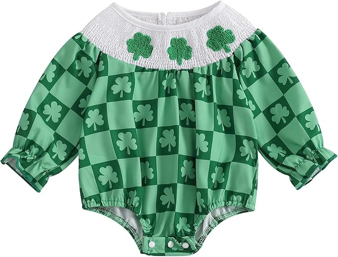 My First St Patrick Baby Girl Outfit Newborn Clover Print Smocked Bubble Romper Bodysuit Puff Clo... | Amazon (US)