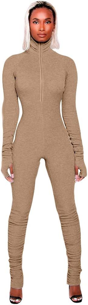 XLLAIS Women High Neck Zipper Ruched Bodycon Jumpsuit Tracksuit with Thumb Hole | Amazon (US)