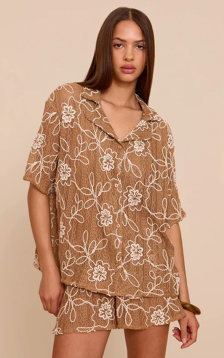 Tan Embroidered Floral Short Sleeve Shirt | Co-ords | PrettyLittleThing UK