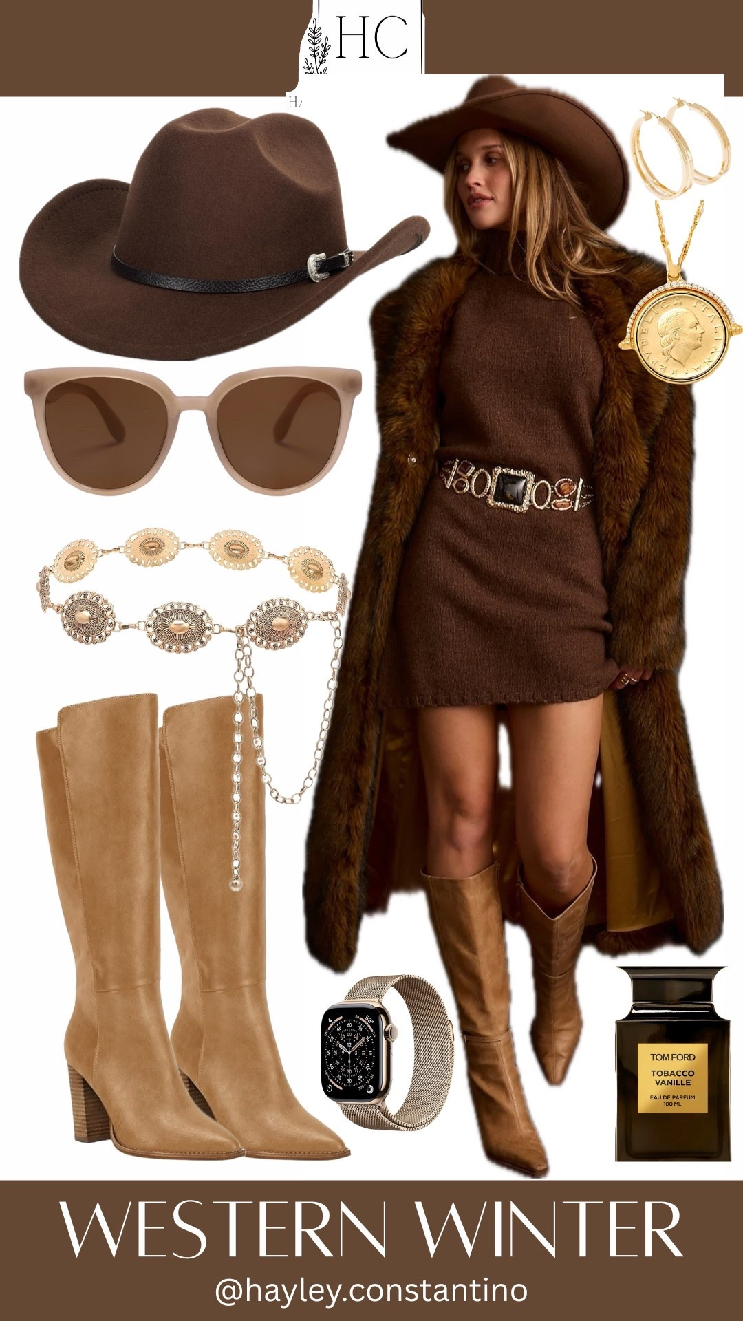 This Western Winter look is the perfect blend of mountain-town luxury and modern cowgirl edge—ideal for Aspen, Tahoe, Jackson Hole, or any snowy western escape.

🤎 Rich Chocolate Western Vibes
The centerpiece is a cozy, chocolate-brown knit mini dress paired with a dramatic faux-fur coat and neutral pointed toe boots.  All together they create a warm, luxurious base that feels both rustic and high-end winter chic.

🌬️ Signature Winter Scent
Tom Ford Tobacco Vanille adds a smoky-sweet warmth that matches the cozy yet sultry vibe of the ensemble.
✨ Think old-money western meets après-ski glam. It's warm, textural, earthy, and impossibly chic—a look you'd wear strolling through Aspen Village, grabbing cocktails at Tahoe’s lakefront lodges, or posing fireside at a luxury ranch resort.

#LTKootd #LTKOver40 #LTKTall