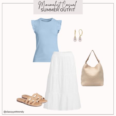 Minimalist casual summer outfit

Blue ruffle tank
white eyelet skirt
Almond slide sandals
Woven hobo bag