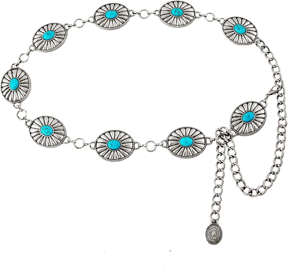 Western Metal Concho Chain Belts for Women Turquoise Flower Cowgirl Belt for Dresses Jeans | Amazon (US)