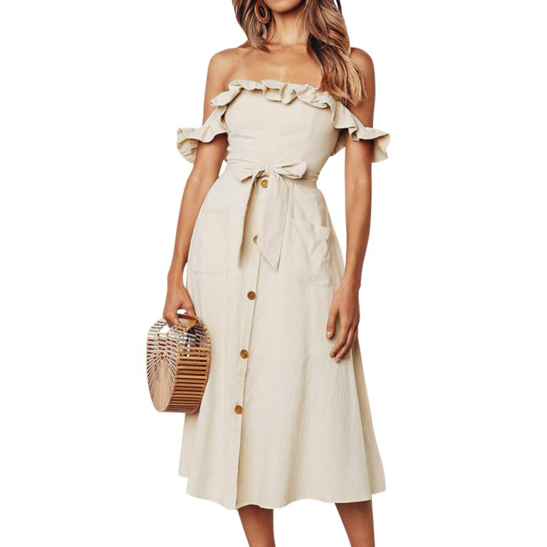 CUPSHE Women's Off The Shoulder Smocked Buttons Short Sleeve Midi Dress,L - Walmart.com | Walmart (US)