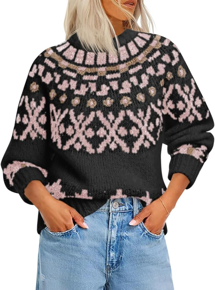 Saodimallsu Womens Fair Isle Sweater Vintage Crew Neck Long Sleeve Chunky Knit Fall Winter Pullov... | Amazon (US)