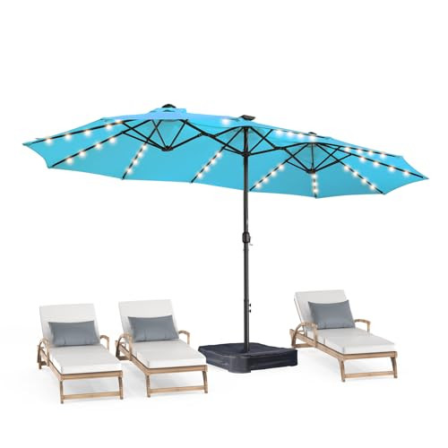 HOMSHADE Double Sided Patio Umbrellas - 15ft Solar Lights LED Lighted Outdoor Extra Large Market Table Umbrella with Base Included, Oversized Umbrella for Deck, Pool, Backyard | Amazon (US)