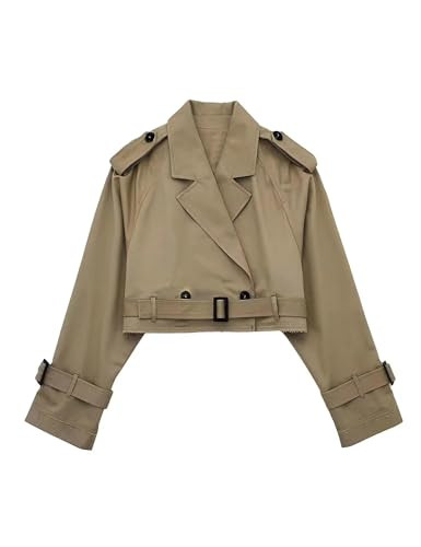 Xiaoxuemeng Womens Cropped Bike Jacket Casual Double Breasted Trench Coat with Belt (DarkKhaki-L) | Amazon (US)