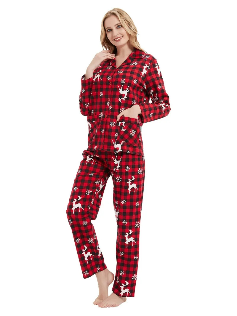 GLOBAL Womens Flannel Cotton Pajama Set Long PJs Flannel Loungewear Sleepwear,Size S-3XL | Walmart (US)