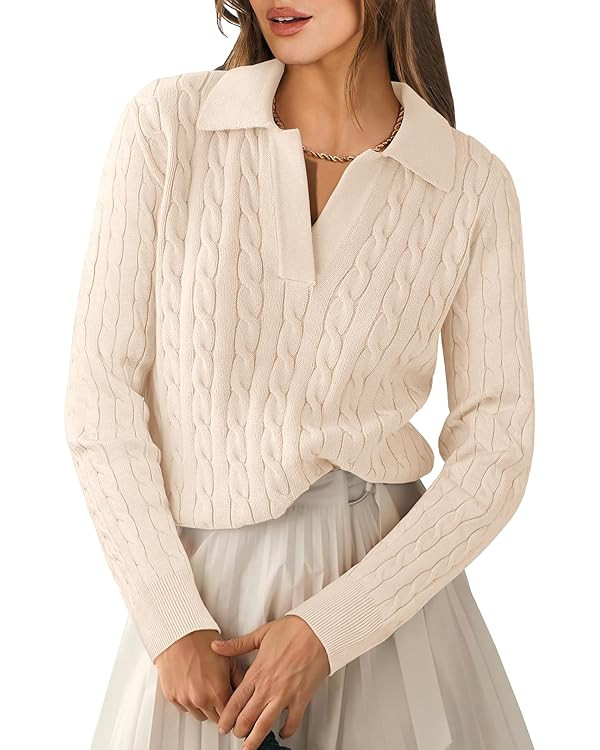 ANRABESS Womens Cable Knit Sweaters Long Sleeve V Neck Sweater Tops Casual Pullover Polo Shirts 2... | Amazon (US)