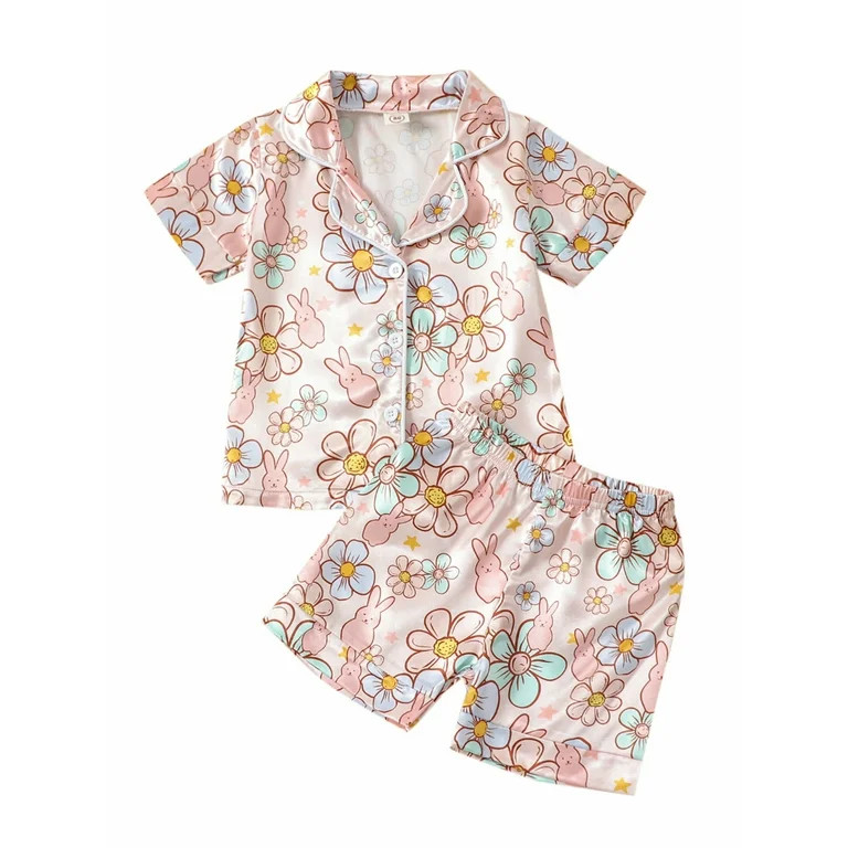 2Pcs Girls Easter Pajamas Set, Short Sleeve Floral Print Button Shirts and Shorts Set Sleepwear | Walmart (US)