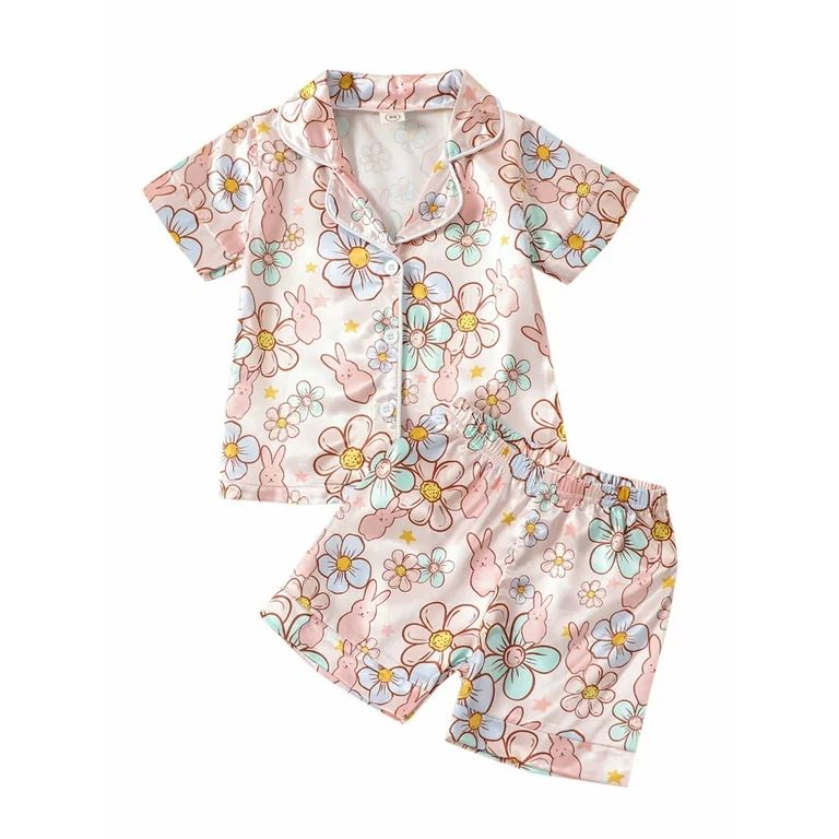 2Pcs Girls Easter Pajamas Set, Short Sleeve Floral Print Button Shirts and Shorts Set Sleepwear | Walmart (US)