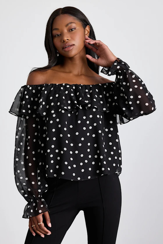 Albright Black Polka Dot Off-the-Shoulder Long Sleeve Top | Lulus