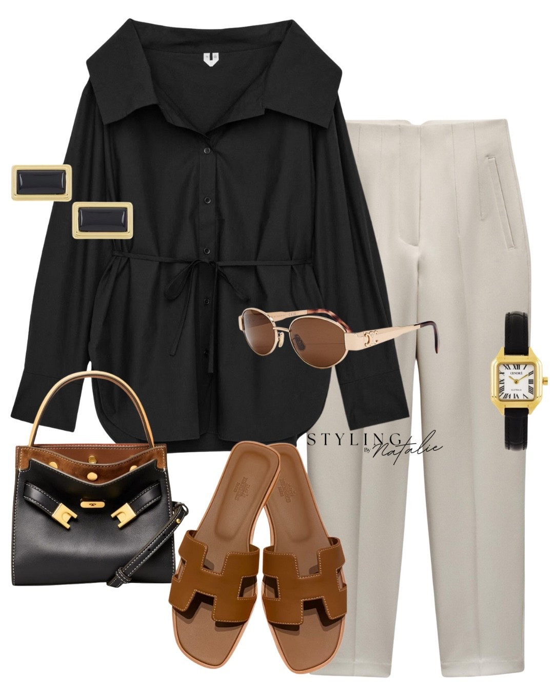 Black wide collar blouse with tie waist belt, high waist trousers, gold sunglasses, Hermes sandals, black strap watch and black square earrings. 

#LTKstyletip #LTKuk #LTKeurope