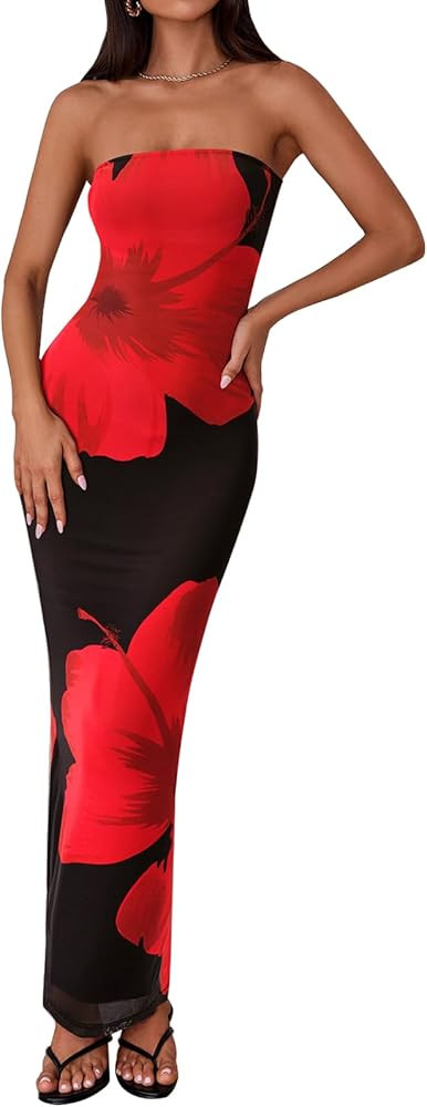 PRETTYGARDEN Strapless Bodycon Floral Maxi Summer Dresses for Women 2025 Elegant Classy Tube Top ... | Amazon (US)