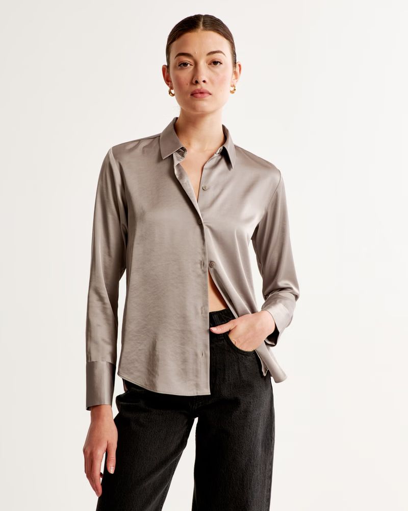 Long-Sleeve Satin Button-Up Shirt | Abercrombie & Fitch (US)