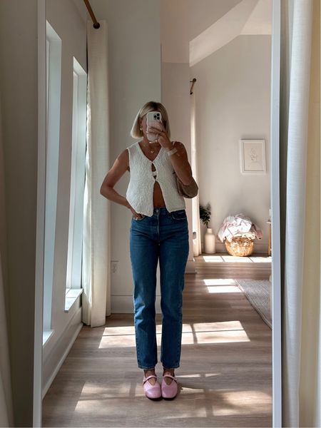 90 degrees here in Louisiana 🥵 trying to keep the autumn vibe alive though 🧡 similar vests linked with the Levi’s wedgie straight jeans & linked some similar ballet flats (these are from shop-peche noLTK) 
#LTKautumn

#LTKSeasonal #LTKshoecrush
