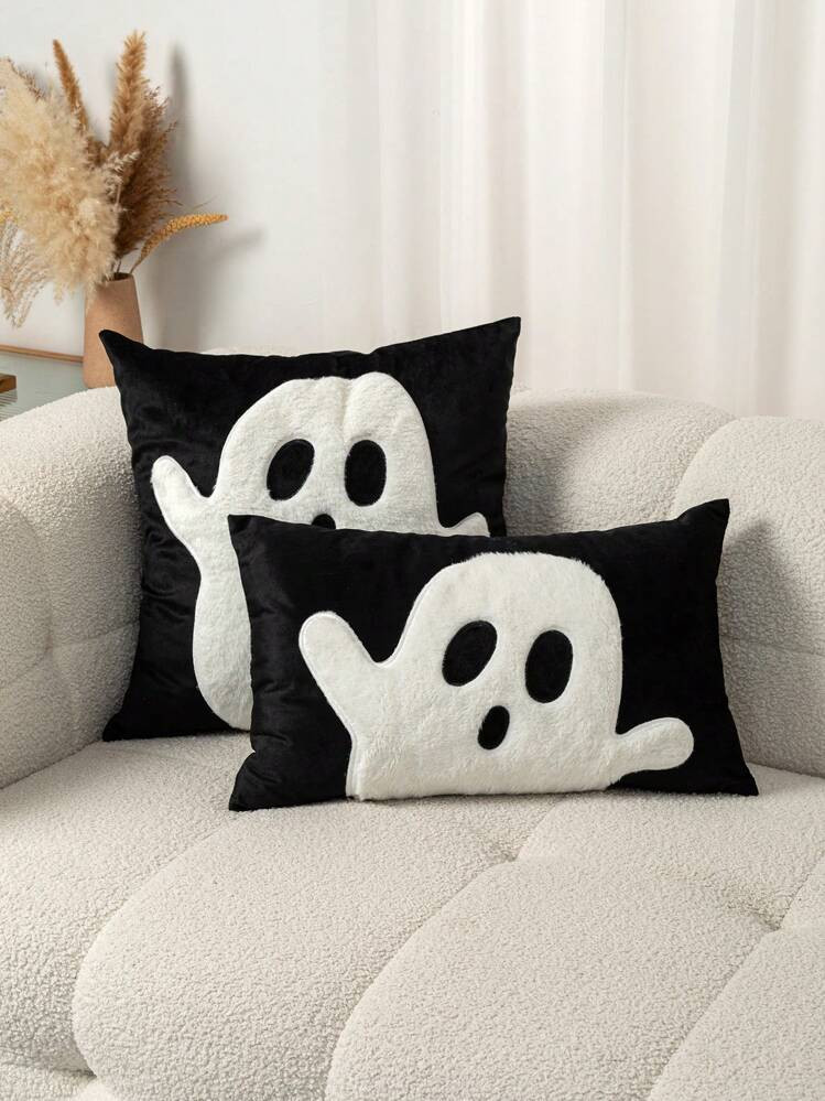 1pc Cute Ghost Pattern Decorative Pillow Cover, Halloween Decor, Suitable For Living Room, Bedroom, Party, Sofa And Various Environments, Perfect Gift For Family And Friends, All Seasons, Without Pillow Insert, Black | SHEIN