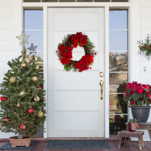 Poinsettia and Hydrangea Artificial Christmas Wreath - 24" - Unlit | Christmas Central