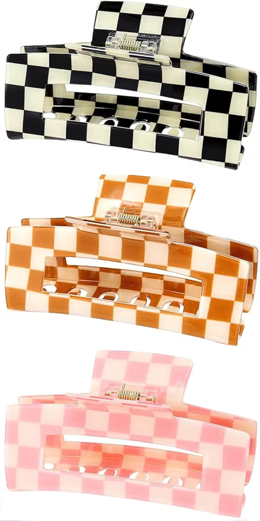 3 Pack Checkered Hair Claw Clips, Large Checker Hair Catch Barrettes 4inch Hair Clamps Cute Hair ... | Amazon (US)