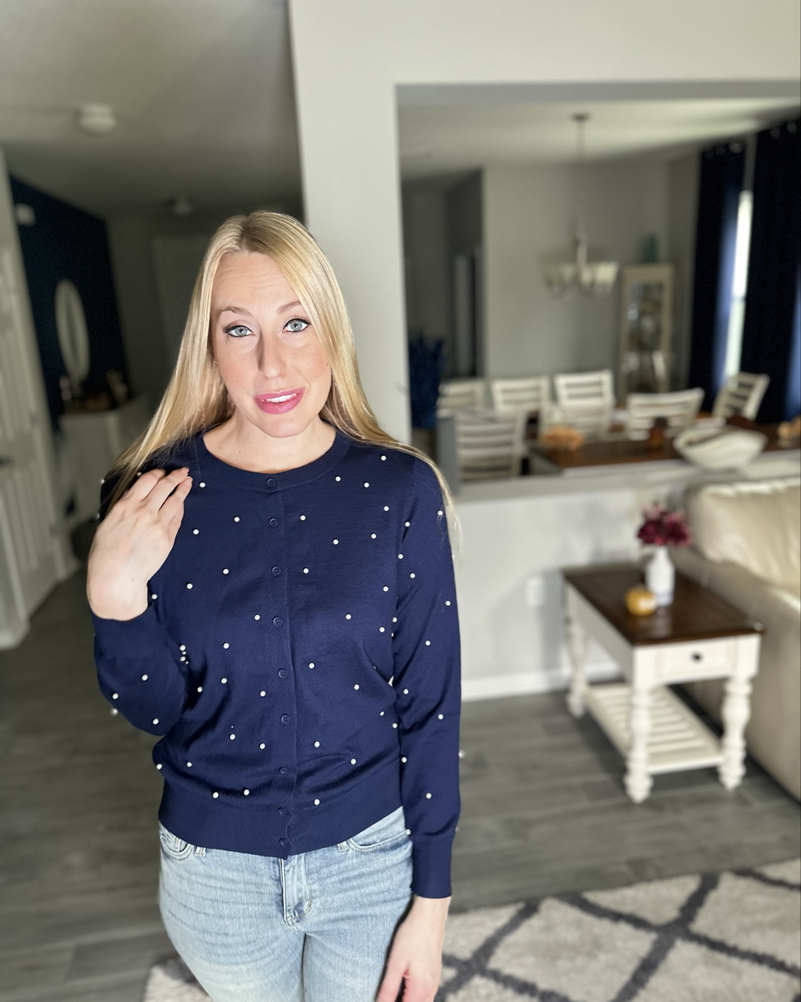 Perfect pearl cardigan 
💙 so cute with pearls on the front and sleeves
💙 wear to work, wear opened or closed
💙 wearing size small, fits true to size 

#LTKStyleTip #LTKFindsUnder100 #LTKFindsUnder50