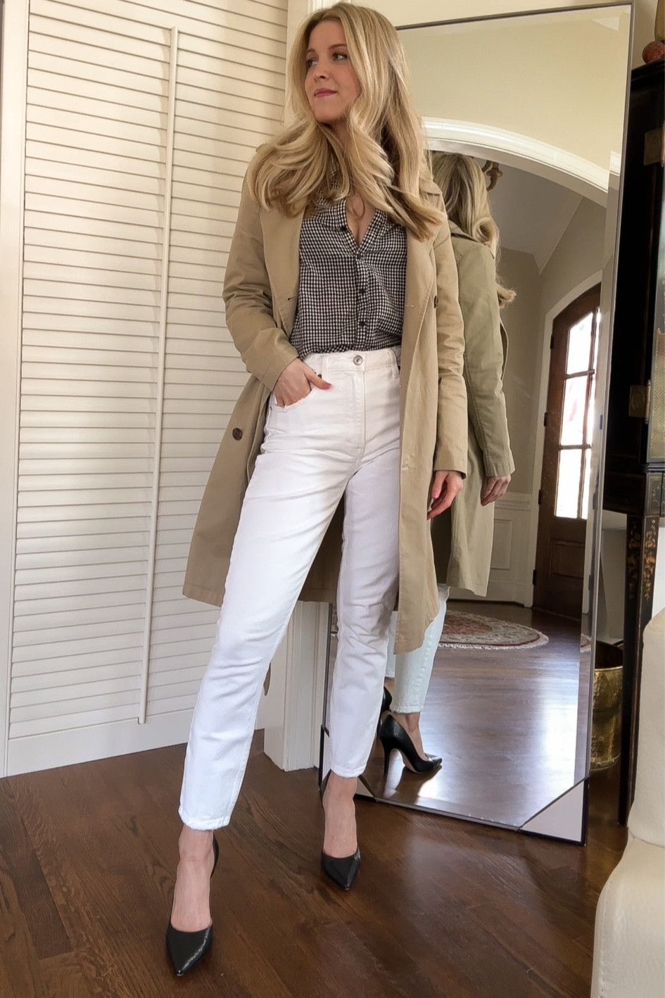 Spring trench coat outfit. Linking similar white jeans from Abercrombie. Mine are a couple years old (curve love high rise skinny jean)  