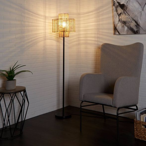 64" Cyndi Rattan Silverwood Floor Lamp (Includes LED Light Bulb) Black/Tan - Decor Therapy | Target