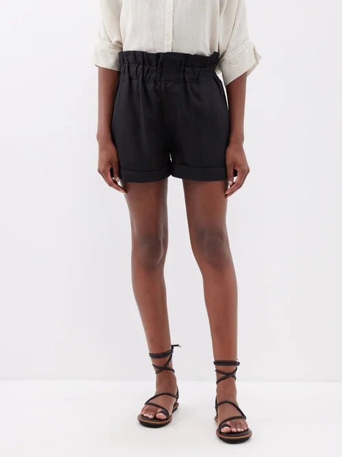 Posse - Ducky Paperbag-waist Linen Shorts - Womens - Black | Matches (US)