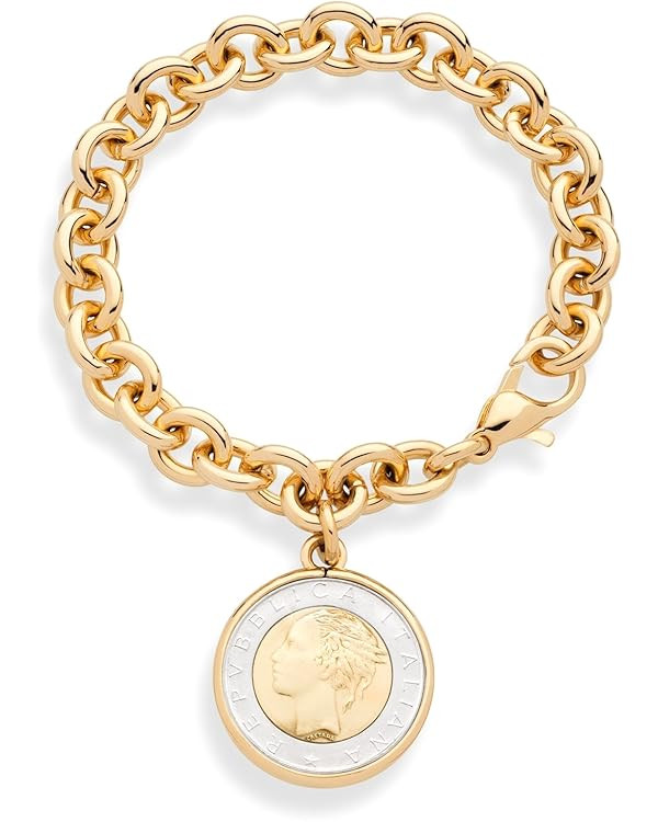 Miabella 18K Gold over Bronze Italian Genuine 500-Lira Coin Charm Rolo Link Chain Bracelet for Wo... | Amazon (US)