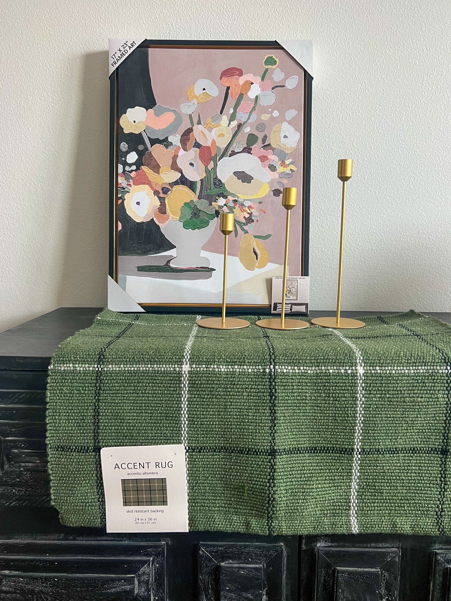 Walmart Home finds! These candleholders come as a set of three and the brassy gold is beautiful. Perfect for coffee table and bookshelf styling. The framed art is under $20 and this rug is so rich in color for spring! The rug is great under a sink or at an entry and has non-slip grippers on the back.

#LTKSeasonal #LTKhome #LTKunder50