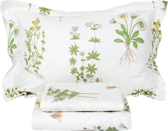 FADFAY Shabby Green Floral Sheet Set 100% Cotton Bed Sheet Set Green White Natural Hypoallergenic... | Amazon (US)