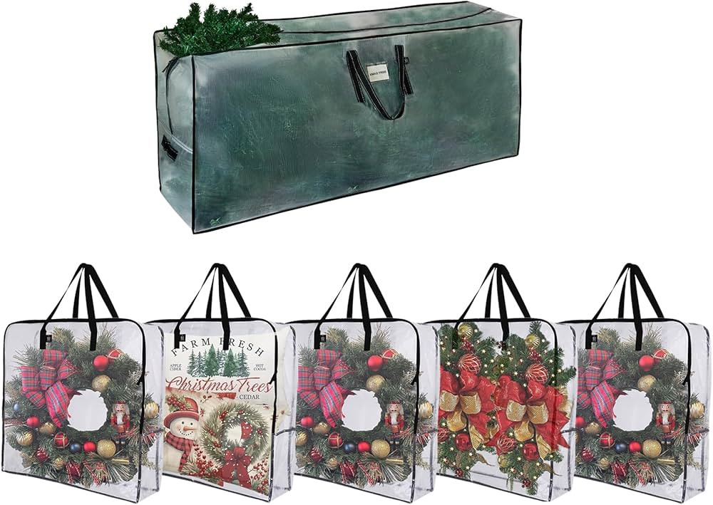 VENO 6 Pack Christmas Wreath, Tree Storage Bags (5 Pack Multi-Use Wreath Bags, 1 Pack 9 ft Tree S... | Amazon (US)