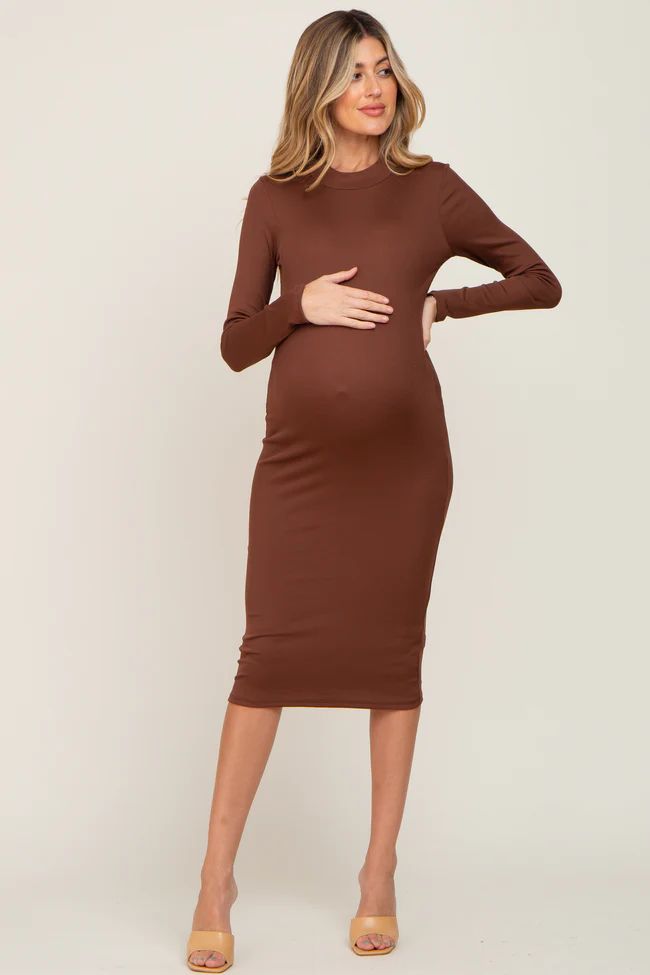 Brown Ribbed Fitted Mock Neck Long Sleeve Maternity Dress | PinkBlush Maternity