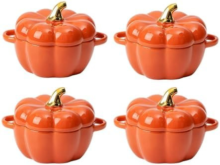 Pumpkin Bowl Set with Lid and Handle, Set of 4 Ceramic Ramekins for Baking, Casserole Dish Indivi... | Amazon (US)