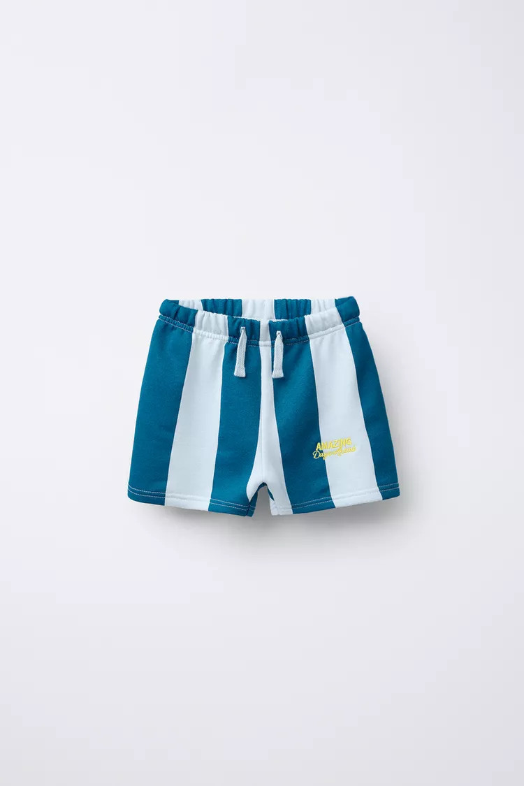 EMBROIDERED TEXT STRIPED SHORTS Green Brown Blue | Zara US