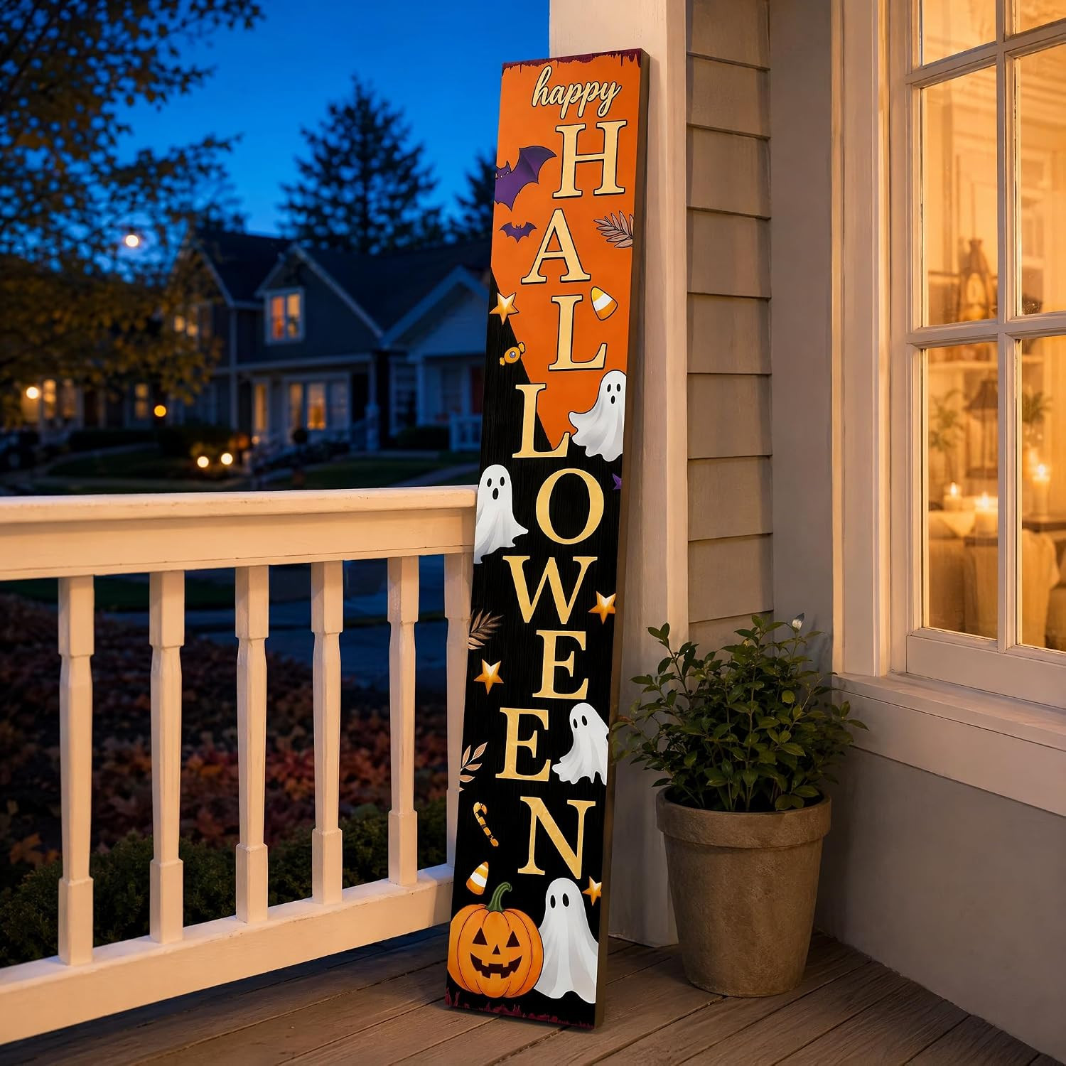 Happy Halloween Vertical Wooden Porch Sign, Spooky Ghost Pumpkin Bat Candy Tall Welcome Hanging Sign, 47.2 Inch Long Halloween Front Door Decor Hang or Lean Against Wall for Indoor Outdoor Farmhouse | Amazon (US)