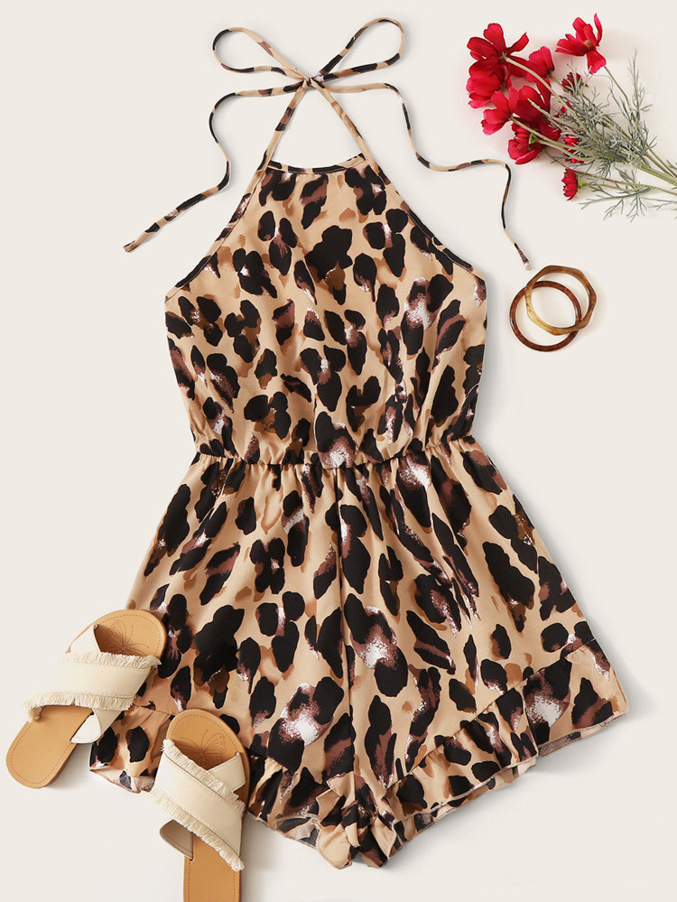 SHEIN Leopard Print Tie Back Halter Romper | SHEIN