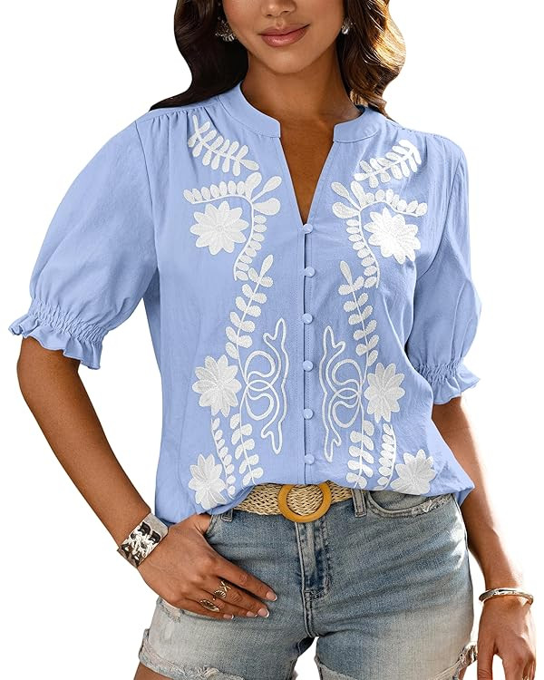 BTFBM Women's 2026 Summer Tops Casual Floral Boho V Neck Puff Short Sleeve Button Down Shirts Emb... | Amazon (CA)