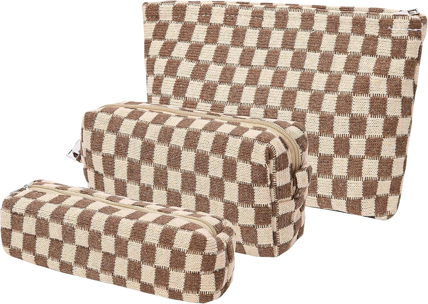 Large Capacity Makeup Bag Set Brown Checkered Makeup Bags 3 Pieces Canvas Travel Makeup Bag Organ... | Amazon (US)